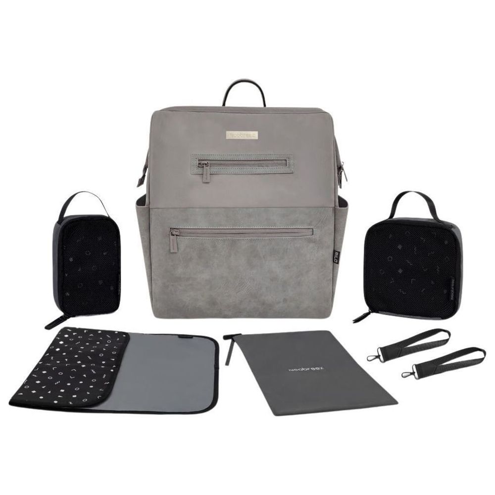 Neobreez Rilo Diaper Backpack 7pc-Set with Changing Mat, Wet Bag & Pouches - Stone Grey