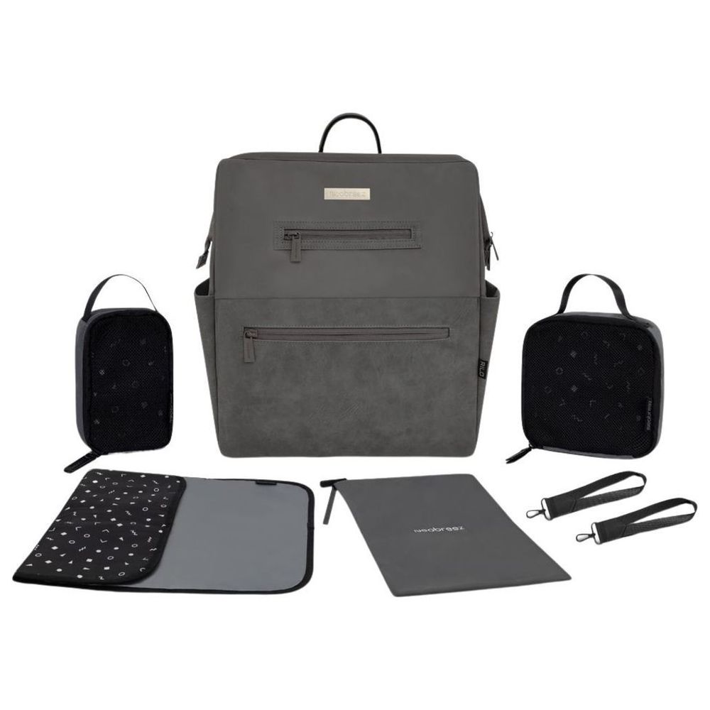 Neobreez Rilo Diaper Backpack 7pc-Set with Changing Mat, Wet Bag & Pouches - Dark Grey
