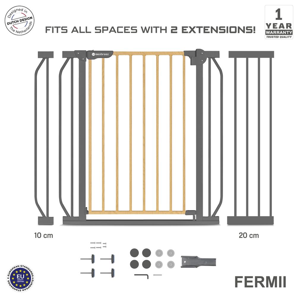 Neobreez FERMII Autoclose Safety Gate W/10 & 20cm Ext, 75 to 85(up to 115 cm) - Grey