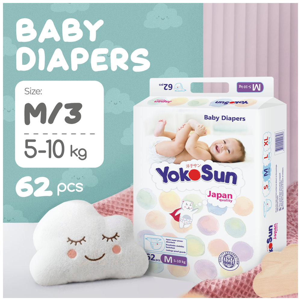 Yokosun - Baby Diapers - Size 3 Medium - 5-10 kg - 62 Pcs