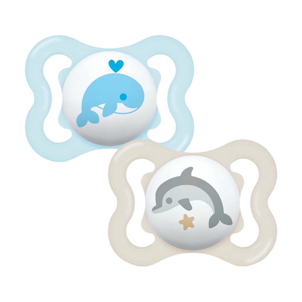 Mam - Baby Supreme Silicone Pacifier - 0-6 M - Sealife Blue & Beige - Pack Of 2