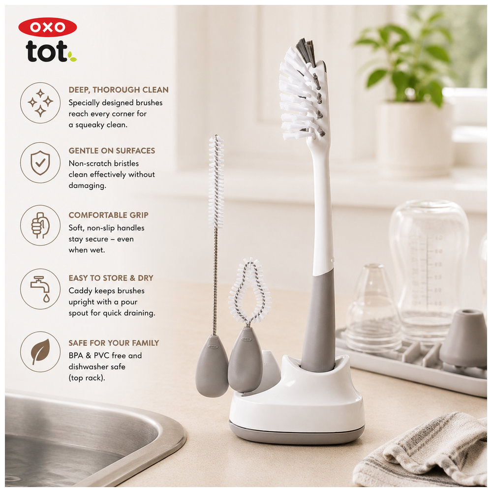 Oxo-Tot - Water Bottle & Straw Cup Cleaning Set - Pebble - 4 Pcs