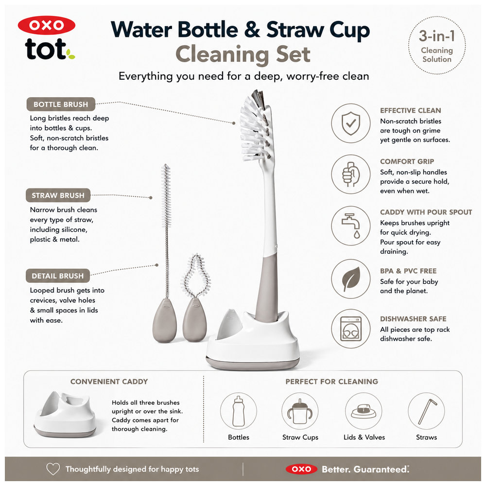 Oxo-Tot - Water Bottle & Straw Cup Cleaning Set - Pebble - 4 Pcs