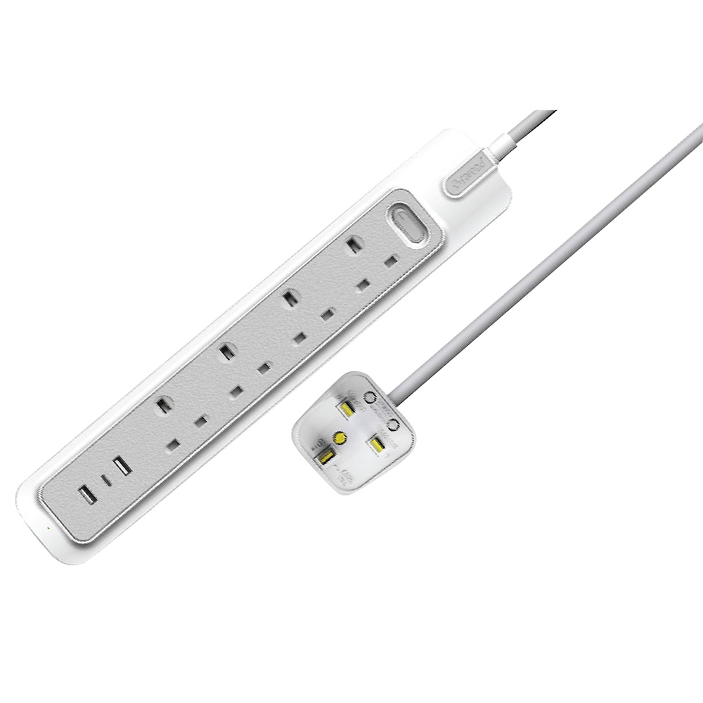 Rafeed - 4 Socket Power Extension Lead With 3 USB Charging Ports - White - 2m - 2990 W