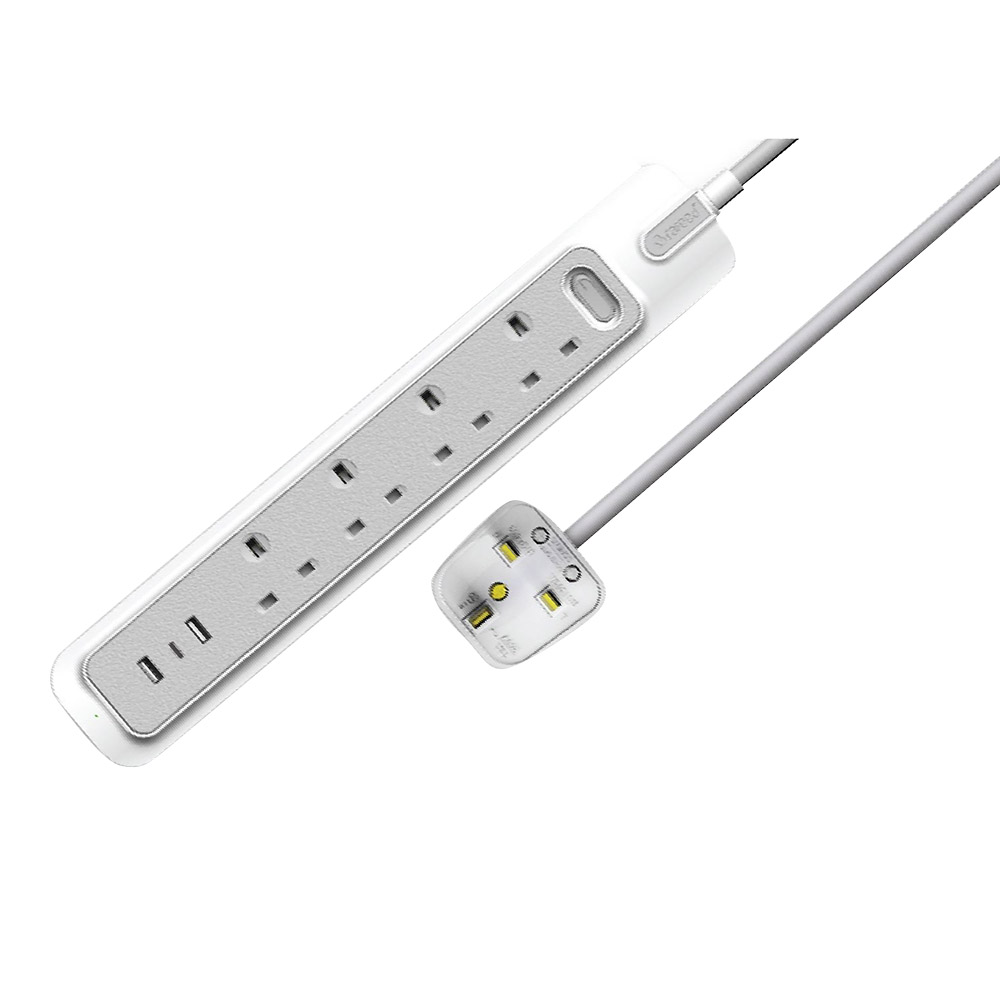 Rafeed - 4 Socket Power Extension Lead With 2 USB A & 1 USB C Charging Port - 3m - 2990 W
