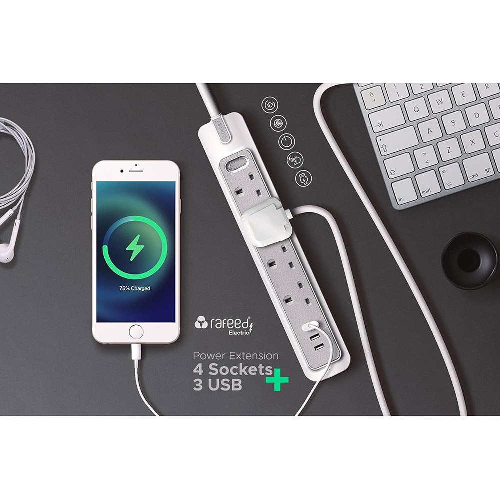 Rafeed - 4 Socket Power Extension Lead With 2 USB A & 1 USB C Charging Port - 3m - 2990 W