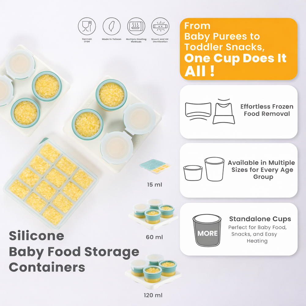 2angels - Silicone Baby Food Storage Container with Lid - Summer Leaf 120 ml - 4 Pcs