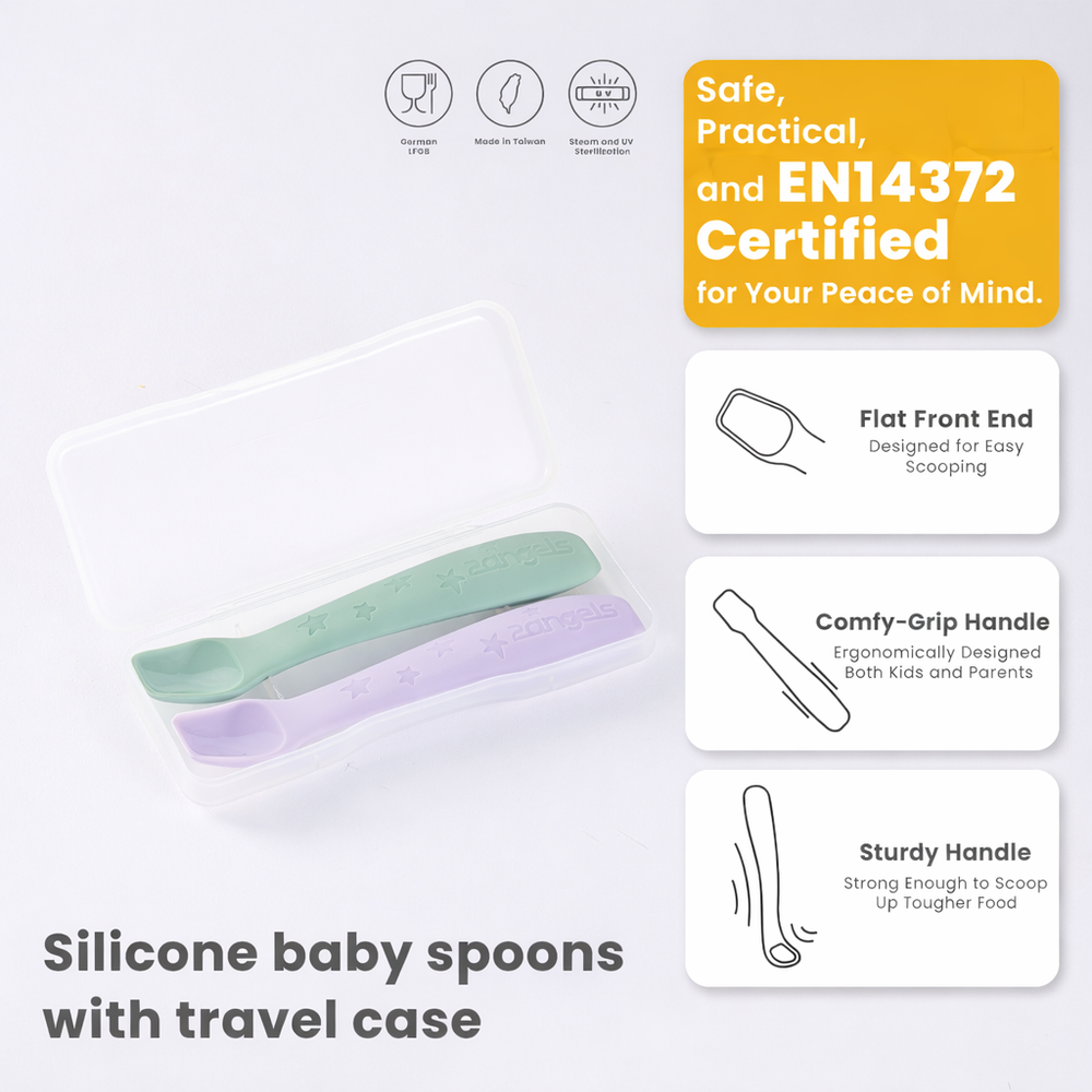 2angels - Baby Soft Silicone Spoons With Travel Case - Starry Summer Leaf/Purple - 2 Pcs