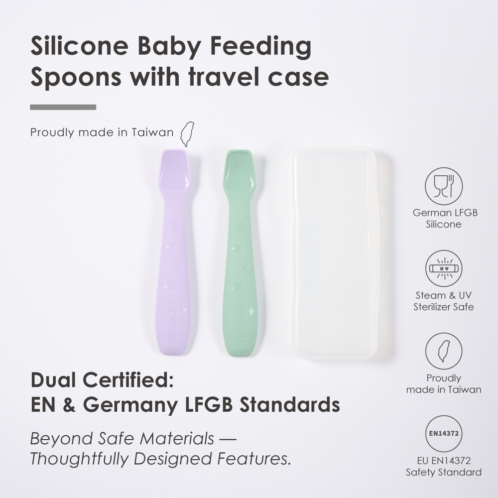 2angels - Baby Soft Silicone Spoons With Travel Case - Starry Summer Leaf/Purple - 2 Pcs