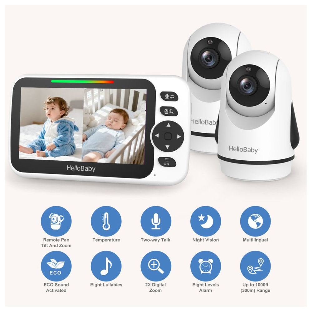 Hello Baby 5-inch LCD Baby Video Monitor With 2 Camera - Black/White, Night Vision