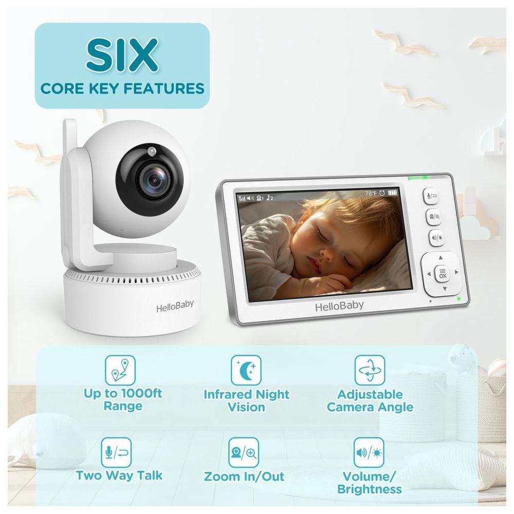 Hello Baby 4.3 Inch LCD Video Baby Monitor with Remote Pan Tilt & Zoom, 2 Way Talk 1000 Ft - Night Vision