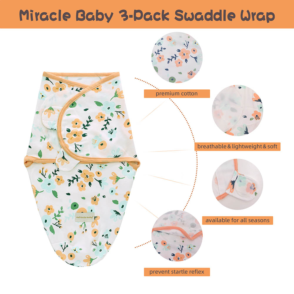 Miracle Baby - 3pc-Set - 100% Cotton Baby Swaddle Wrap Sleeping Bag - Pink