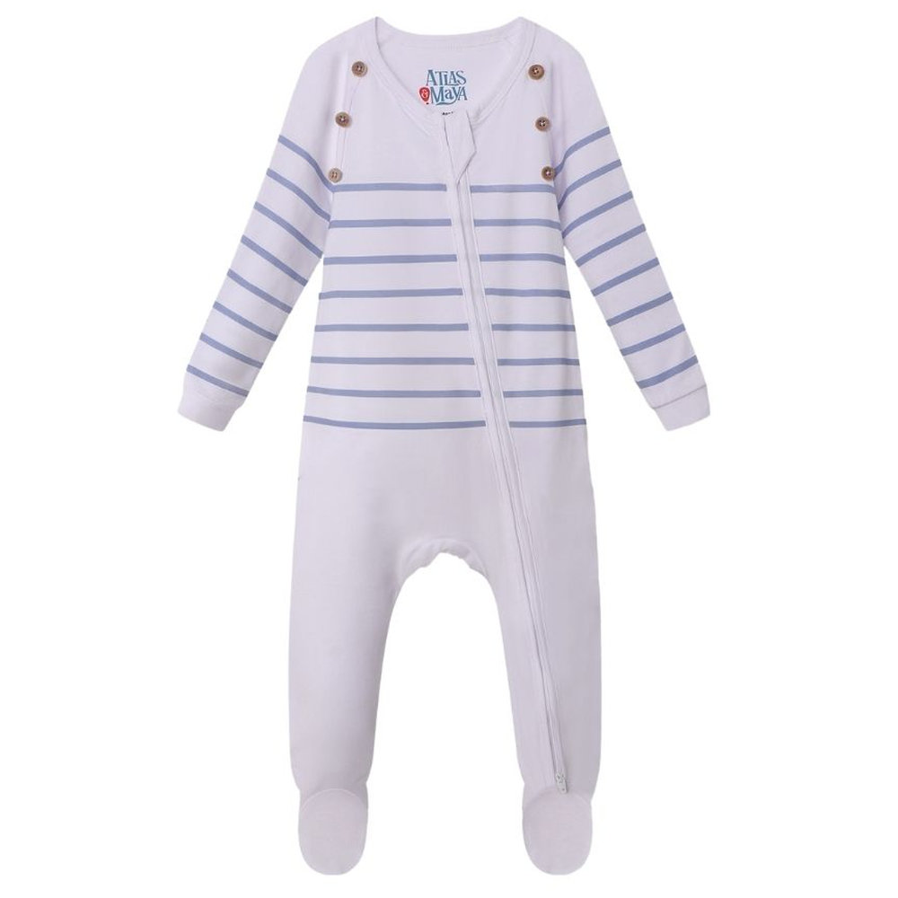 Atlas & Maya Captain Cuddle Organic Bamboo Zippy Playsuit Stripes - White/Blue