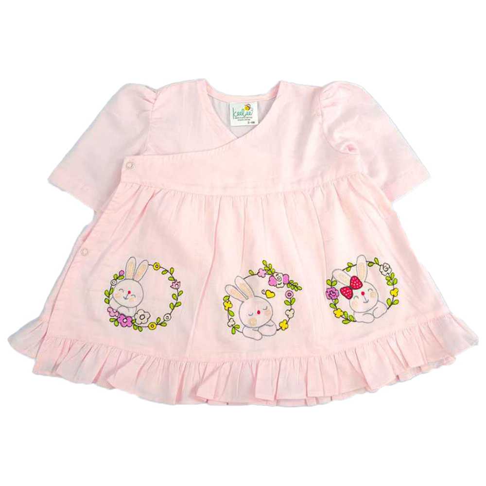 Keebee Organic Cotton Rabbits Embroidered Wrap Dress - Pink