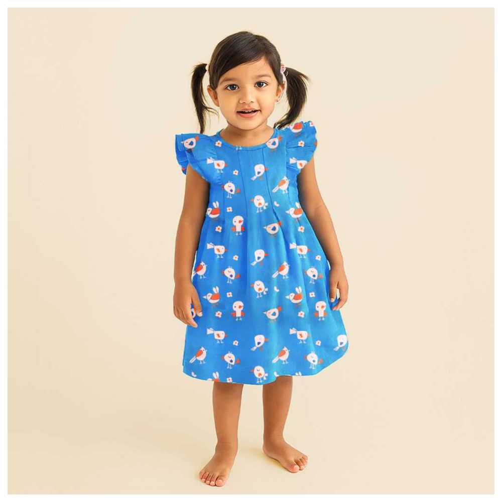 Keebee Organic Cotton Birdie Print Iris Dress - Blue