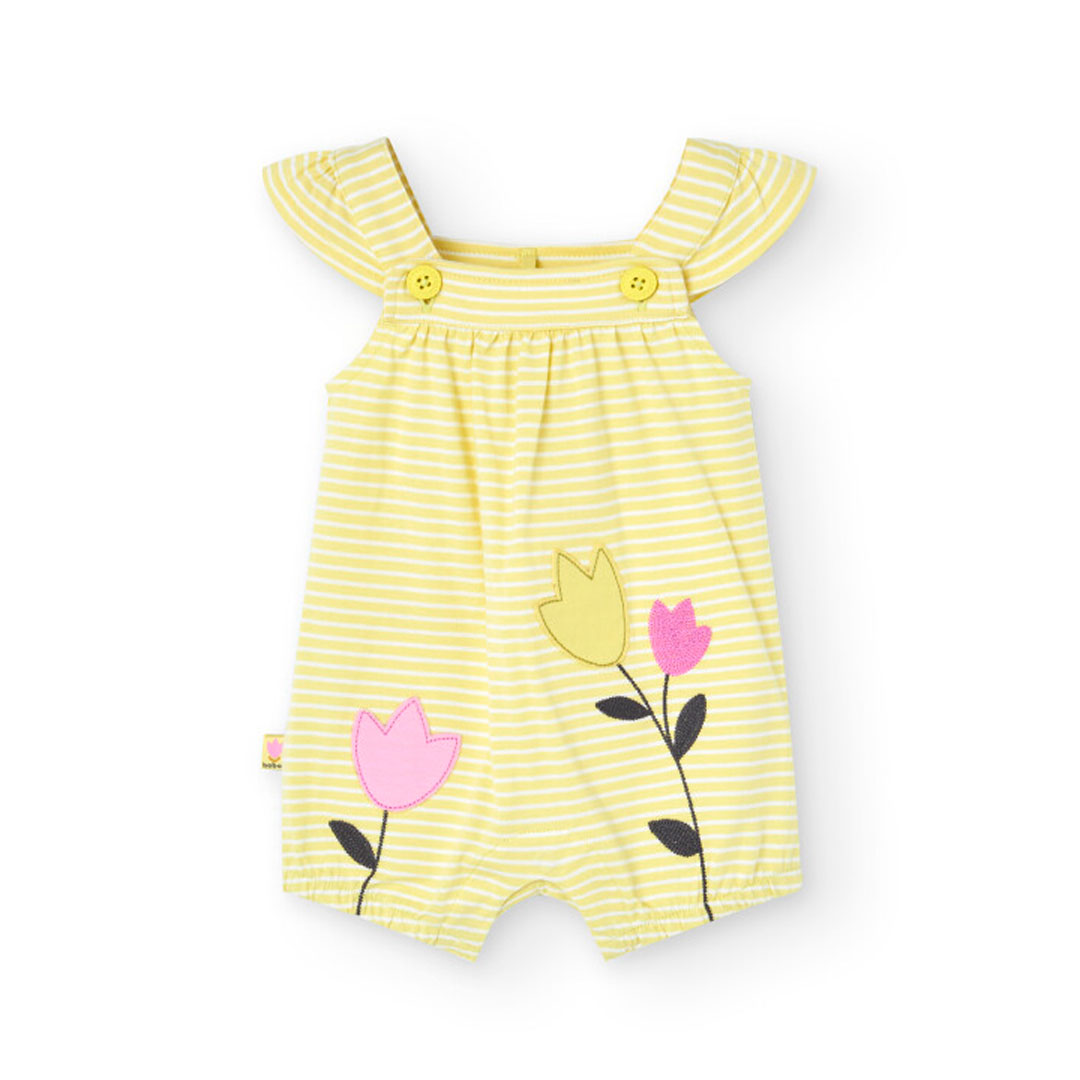 Boboli Baby Girl's Striped Knitted Romper with Flower Design - Yellow