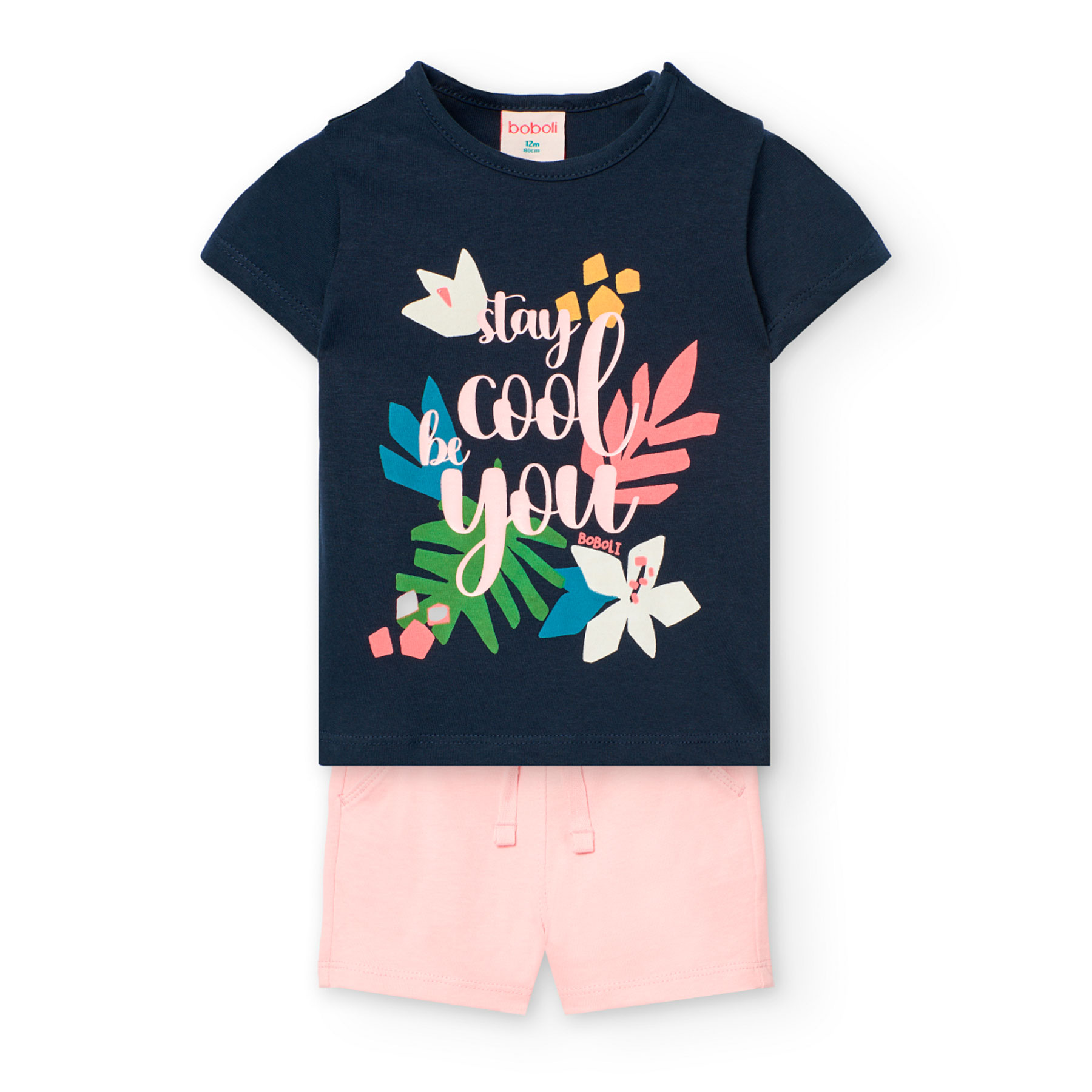 Boboli Girl's Printed Knitted T-Shirt & Shorts Blue/Pink - Navy - 2 Pcs