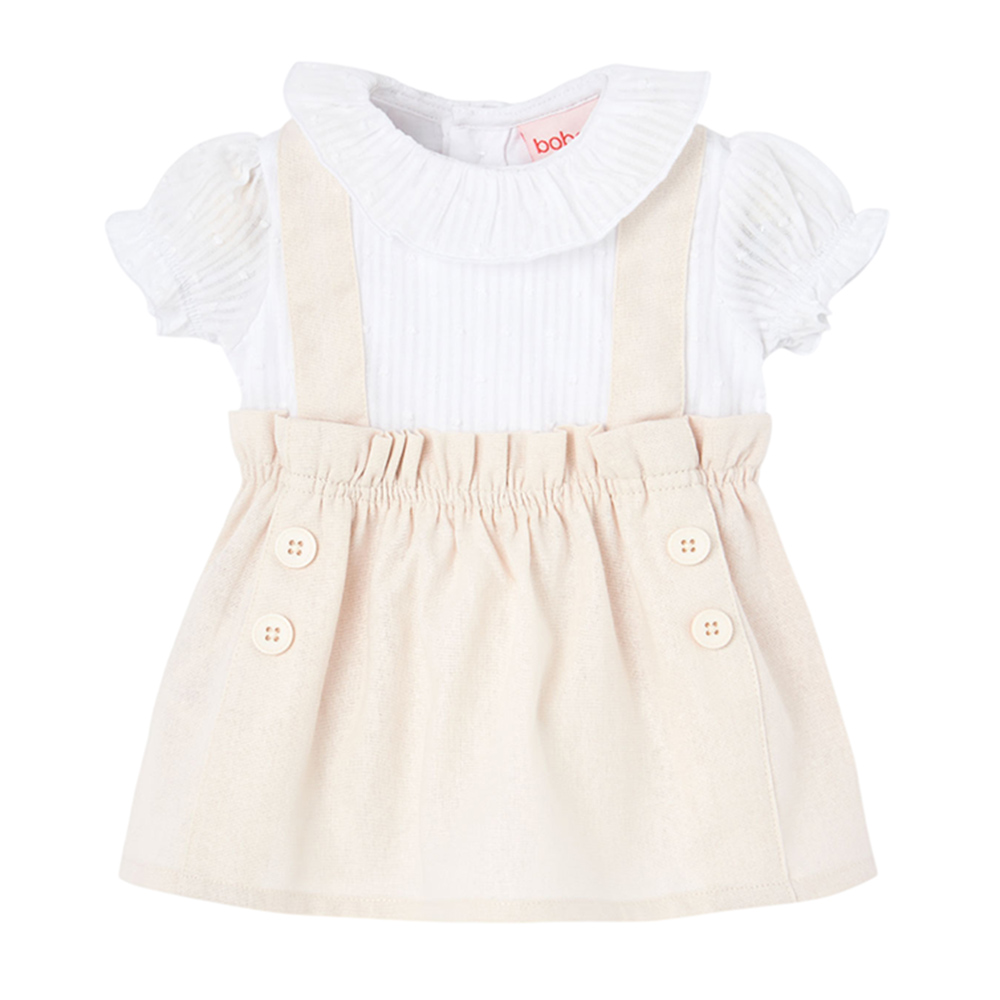 Boboli Baby Girl's Puff Sleeves Poplin Dress with Bloomers Beige/White - 2 Pcs