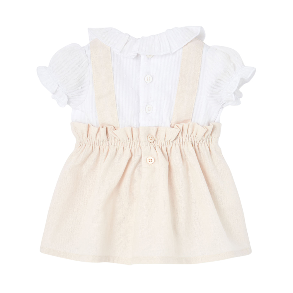 Boboli Baby Girl's Puff Sleeves Poplin Dress with Bloomers Beige/White - 2 Pcs