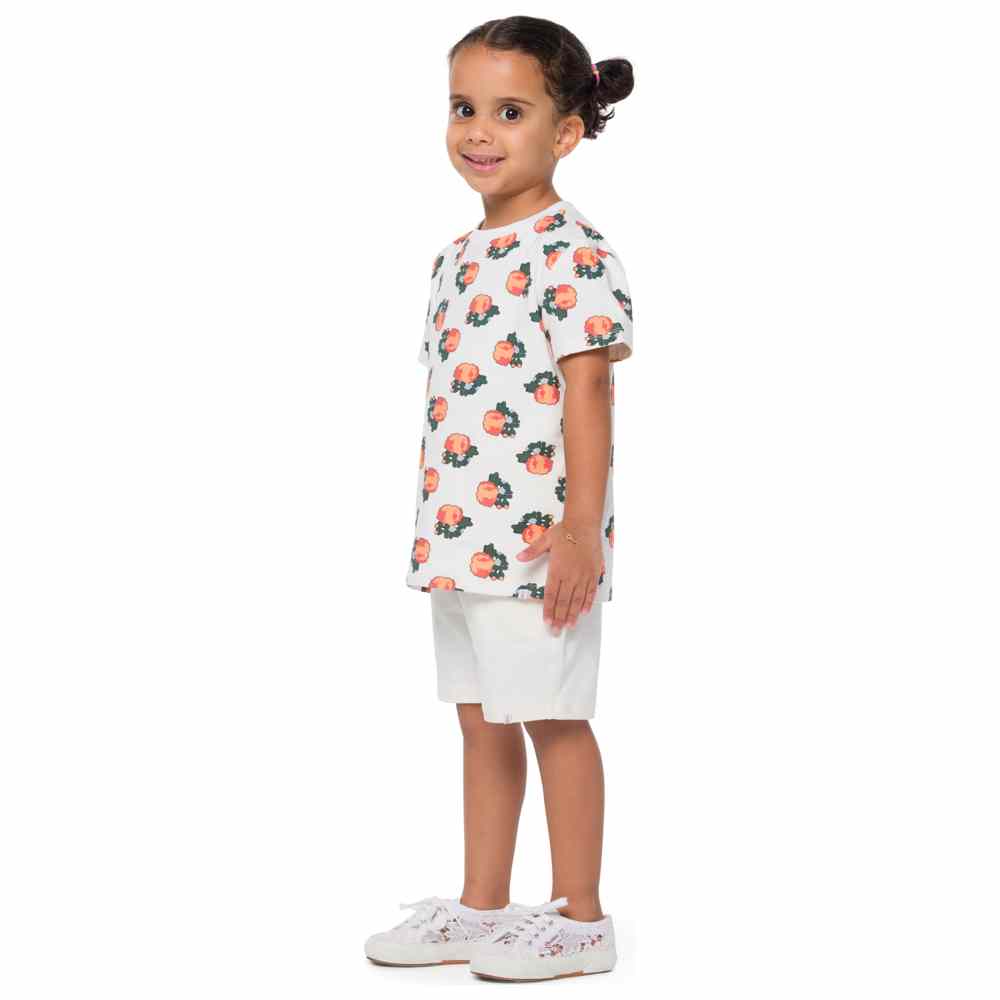 Thoub Saghiri - 2pc-Set - Girl's T-Shirt & Solid Shorts - White/Peach