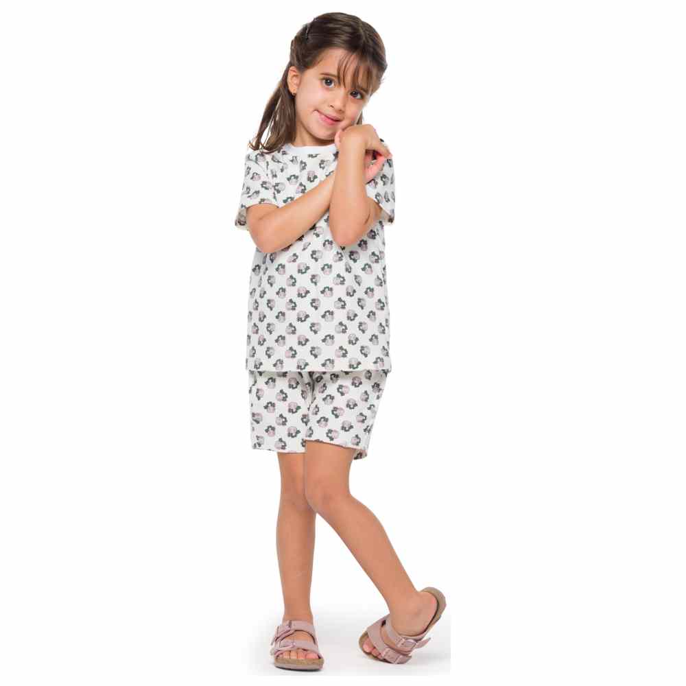 Thoub Saghiri - 2pc-Set - Girl's Printed T-Shirt & Shorts - White/Lilac