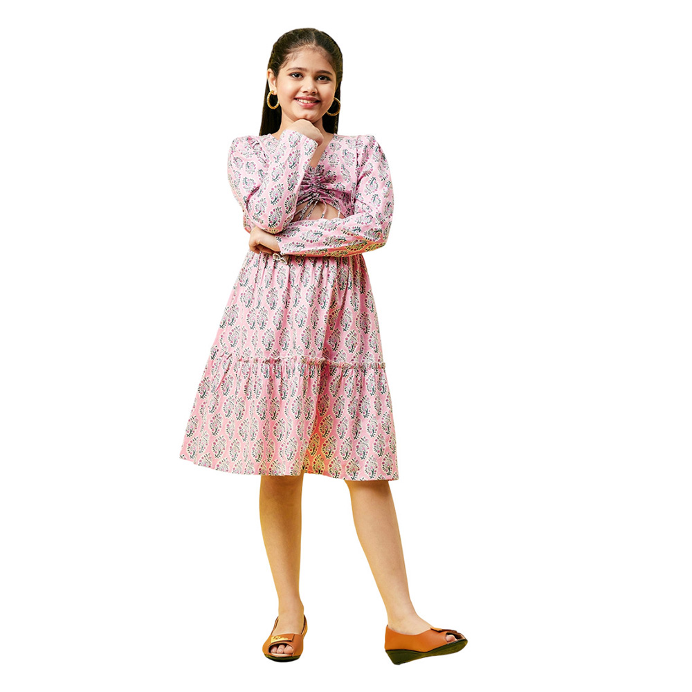 StyloBug - Girl's Block Printed Cut Out Detail Dress - Pink