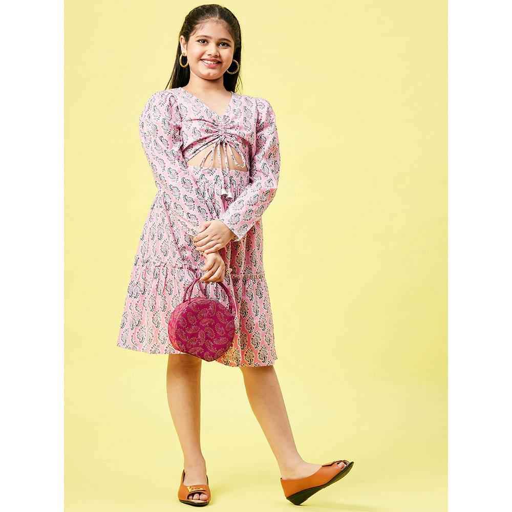 StyloBug - Girl's Block Printed Cut Out Detail Dress - Pink