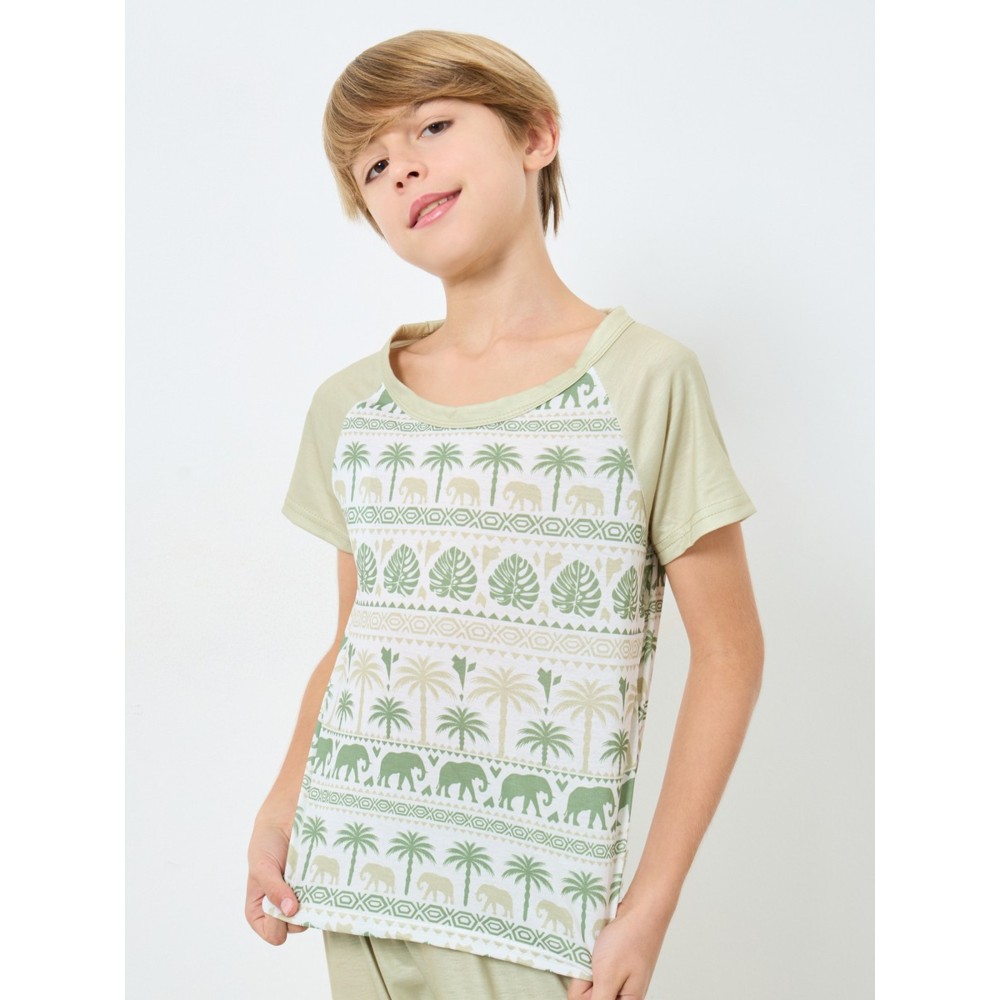 Take Two - 2pc-Set - Boy's Elephant Printed T-Shirt & Pyjama Pants - Green