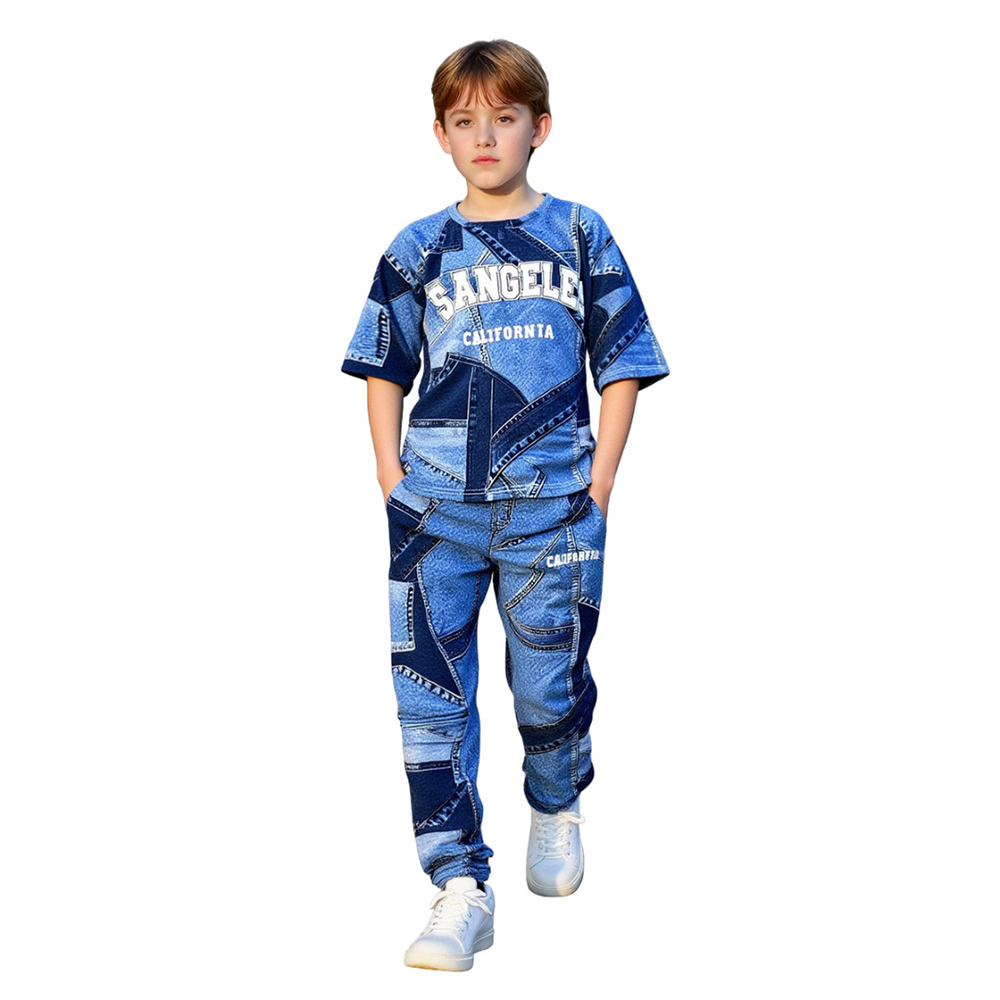 Take Two - 2pc-Set - Boy's Printed Round Neck T-Shirt & Joggers - Blue