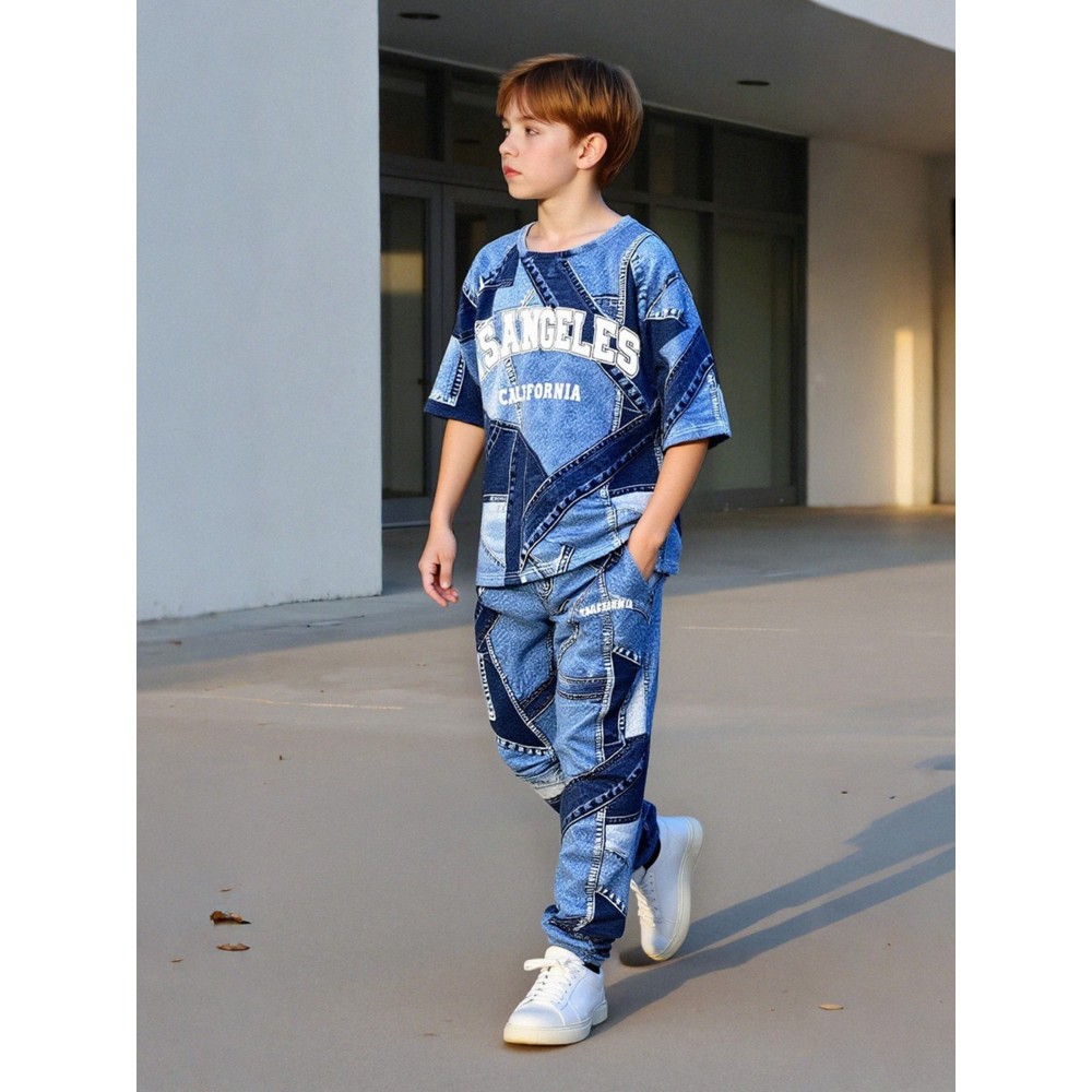 Take Two - 2pc-Set - Boy's Printed Round Neck T-Shirt & Joggers - Blue