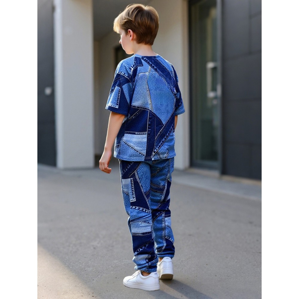 Take Two - 2pc-Set - Boy's Printed Round Neck T-Shirt & Joggers - Blue