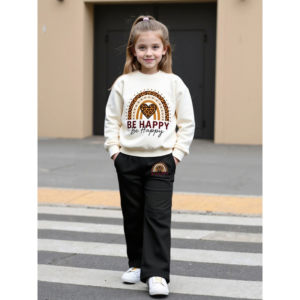 Take Two - 2pc-Set - Girl's Be Happy Graphic Sweatshirt & Pants - Multicolor