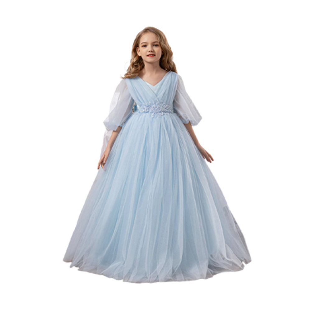 Take Two - Girl's Lace Detail Balloon Sleeves Dress - Blue