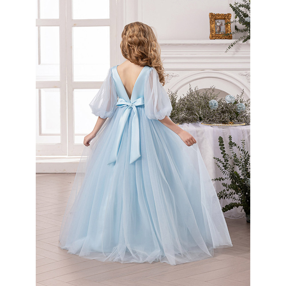 Take Two - Girl's Lace Detail Balloon Sleeves Dress - Blue