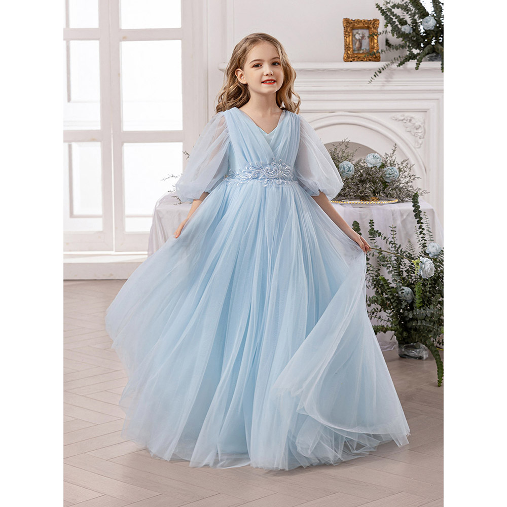 Take Two - Girl's Lace Detail Balloon Sleeves Dress - Blue