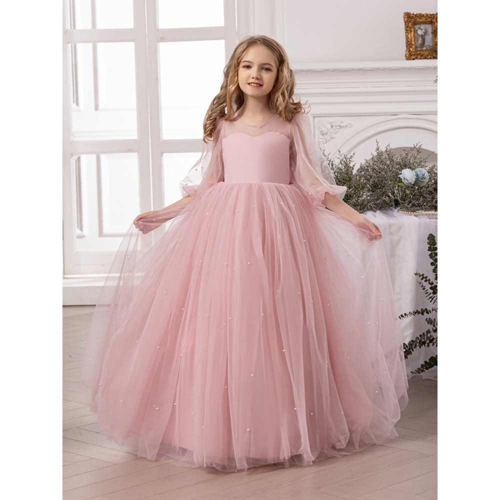 Take Two - Girl's Faux Pearl Embellished Mesh Dress - Pink