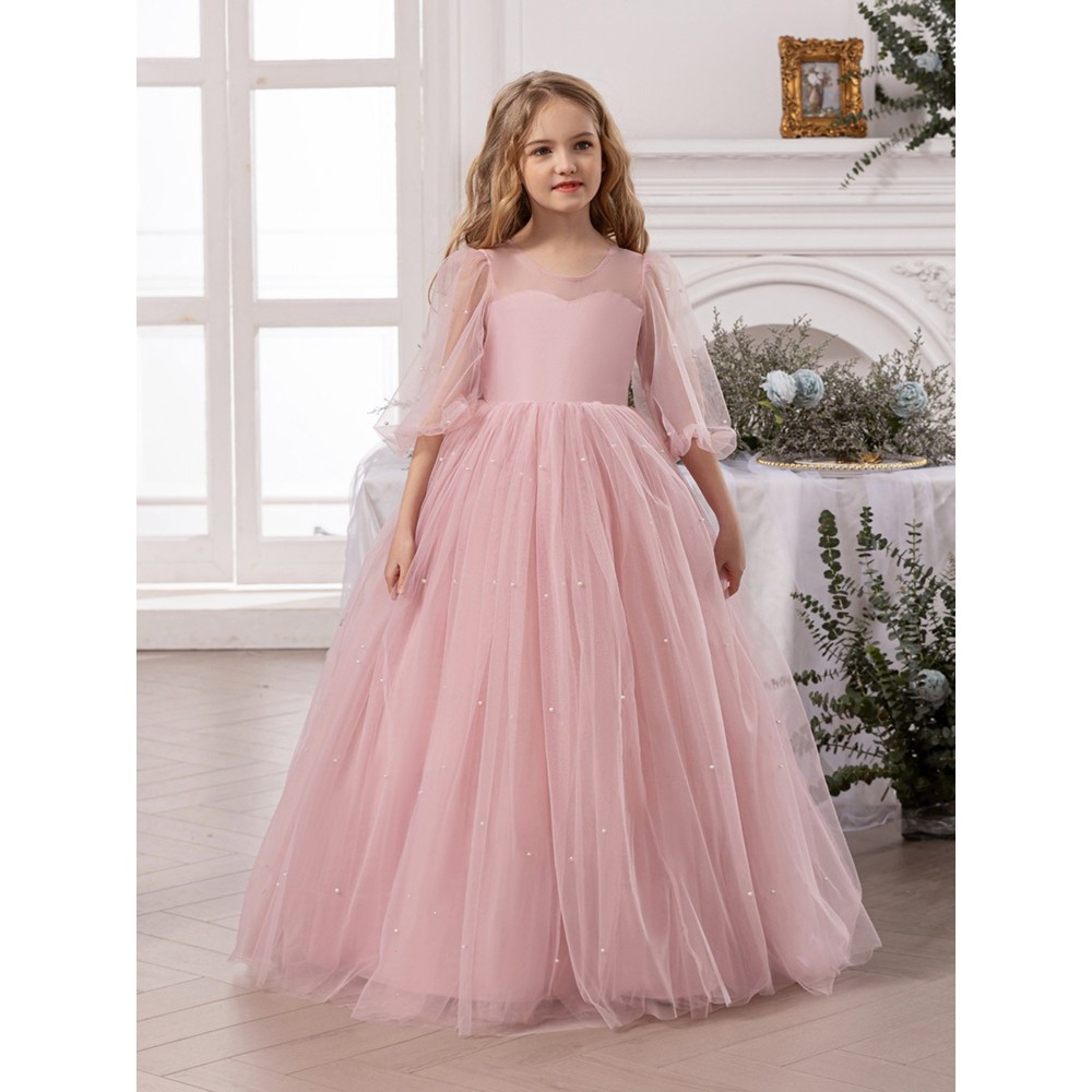 Take Two - Girl's Faux Pearl Embellished Mesh Dress - Pink