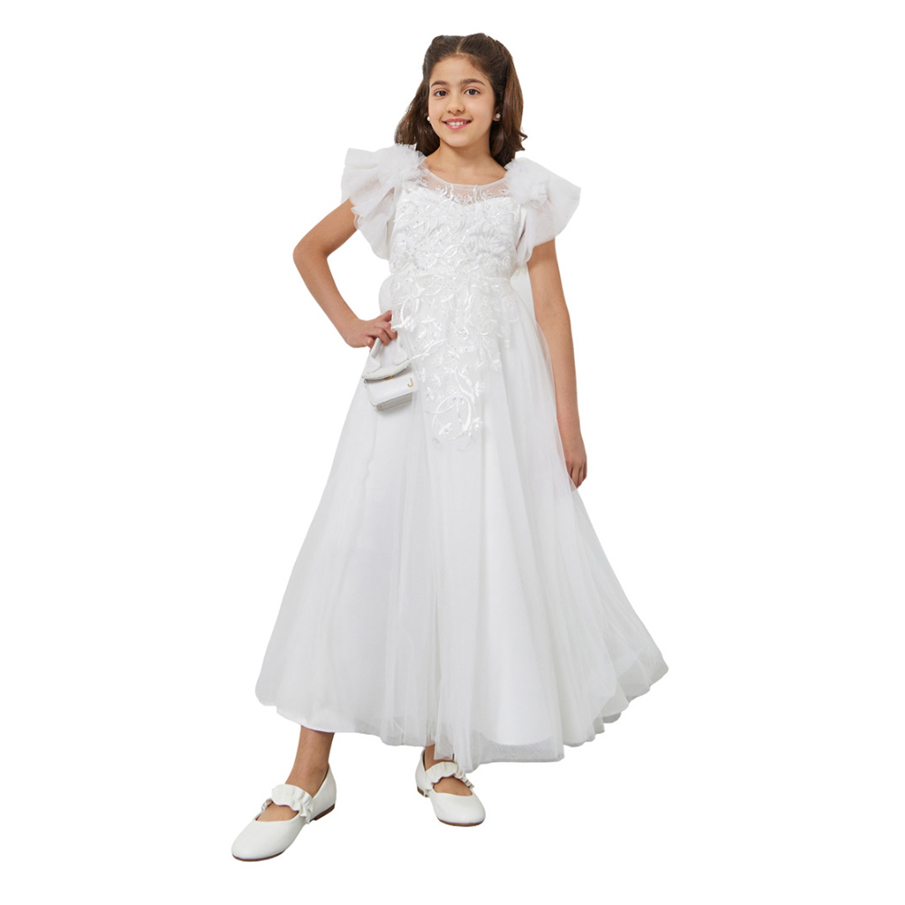 Take Two - Girl's Embroidered Lace Mesh Sleeves Dress - White