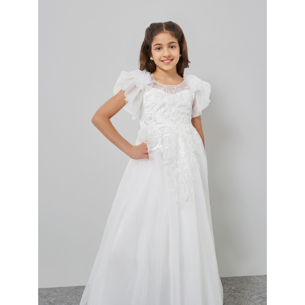 Take Two - Girl's Embroidered Lace Mesh Sleeves Dress - White
