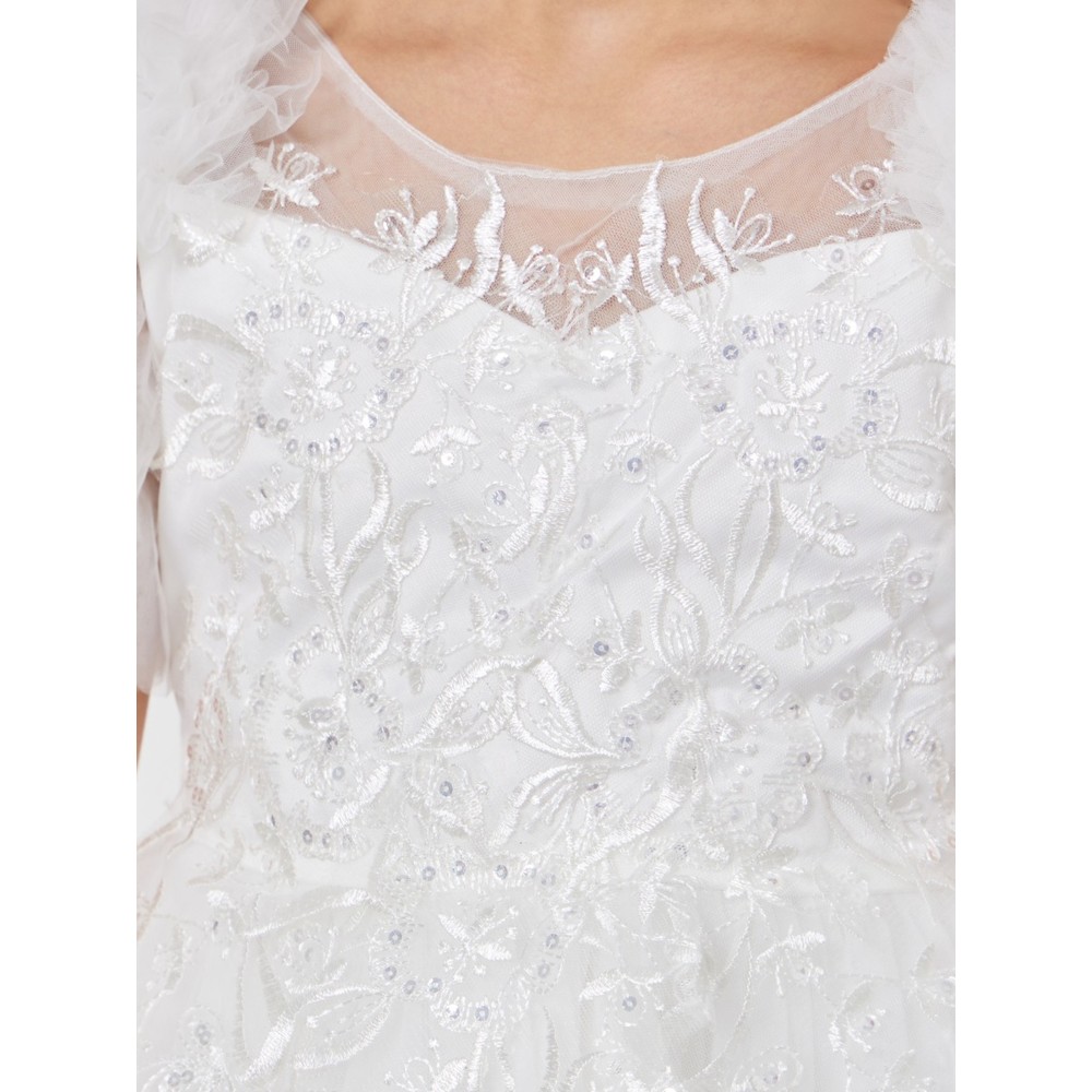 Take Two - Girl's Embroidered Lace Mesh Sleeves Dress - White