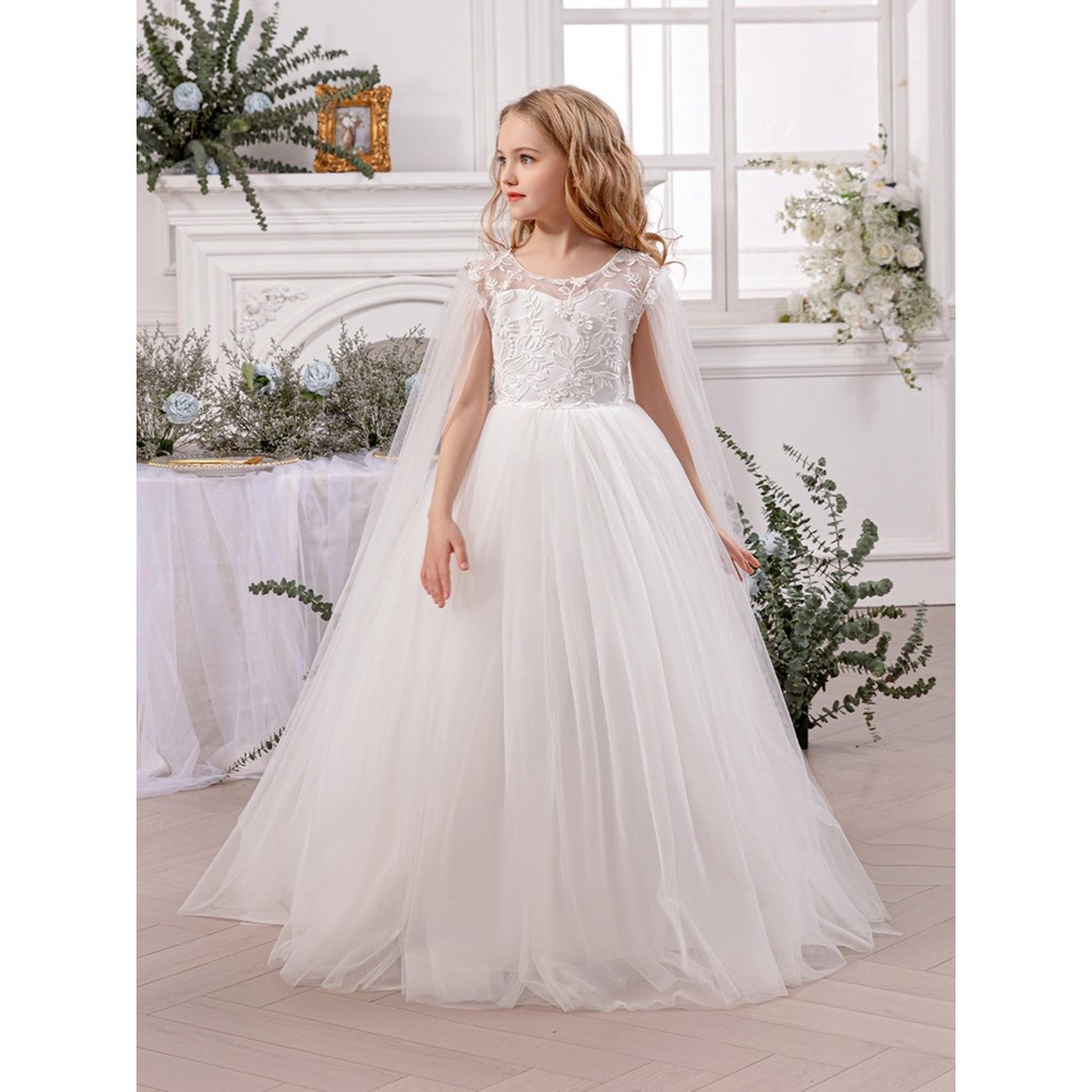 Take Two - Girl's Bow Detail Cape Sleeves Dress - White
