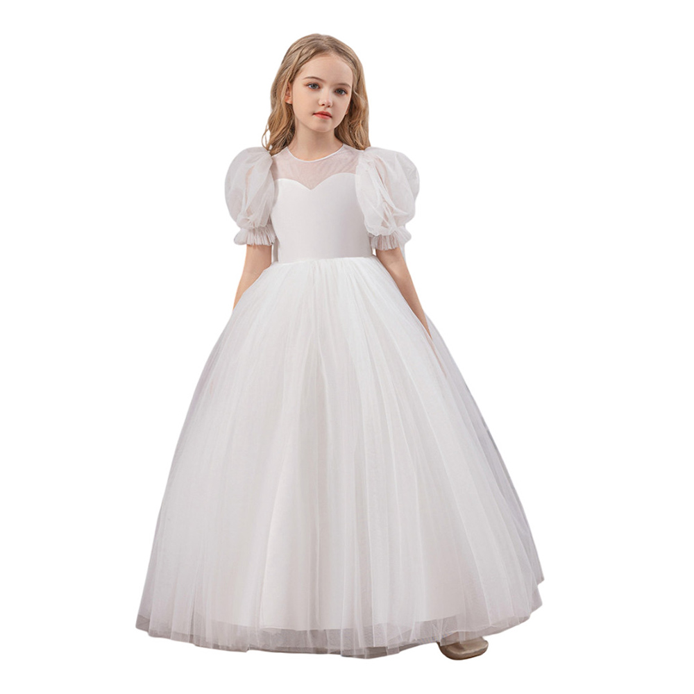 Take Two - Girl's Mesh Bow Detail Puff Sleeves Dress - White