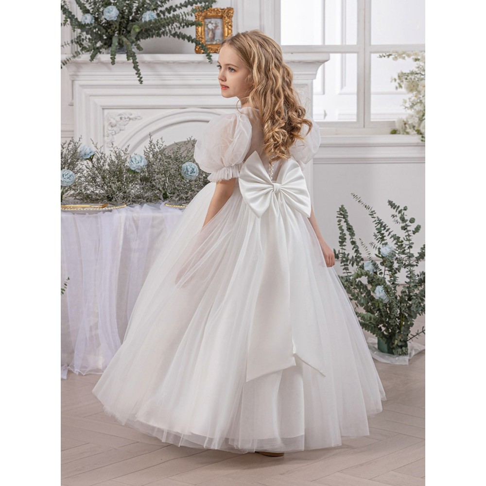 Take Two - Girl's Mesh Bow Detail Puff Sleeves Dress - White