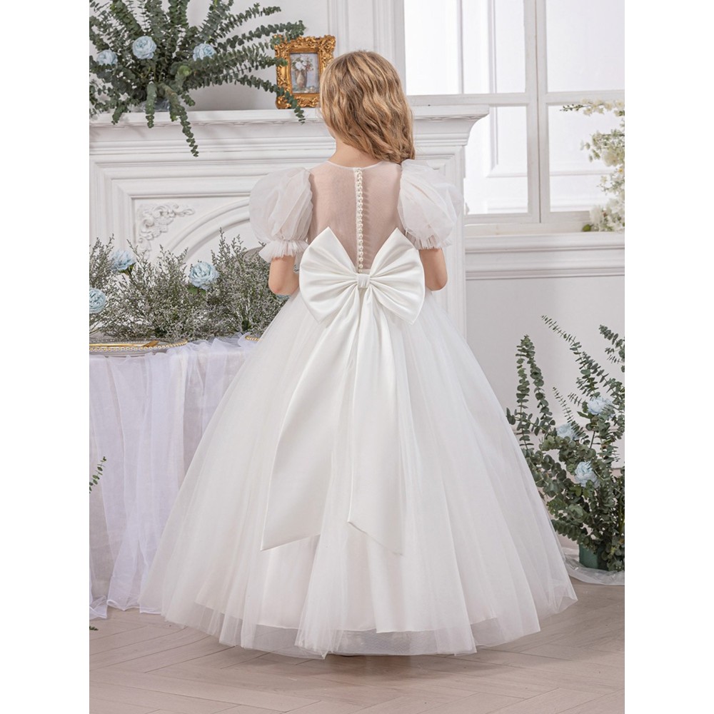 Take Two - Girl's Mesh Bow Detail Puff Sleeves Dress - White