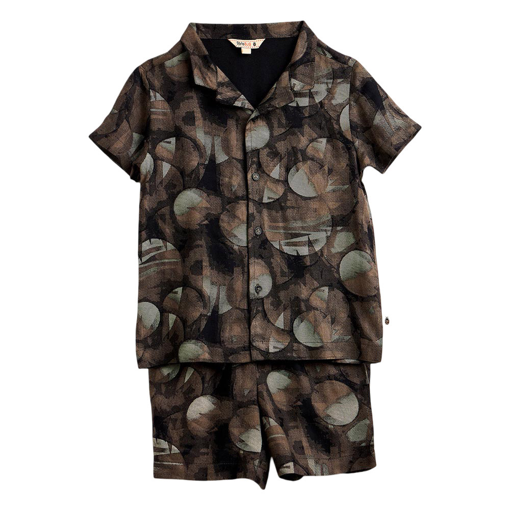 StyloBug - 2pc-Set - Boy's Printed Collar Neck Casual Shirt & Shorts - Brown