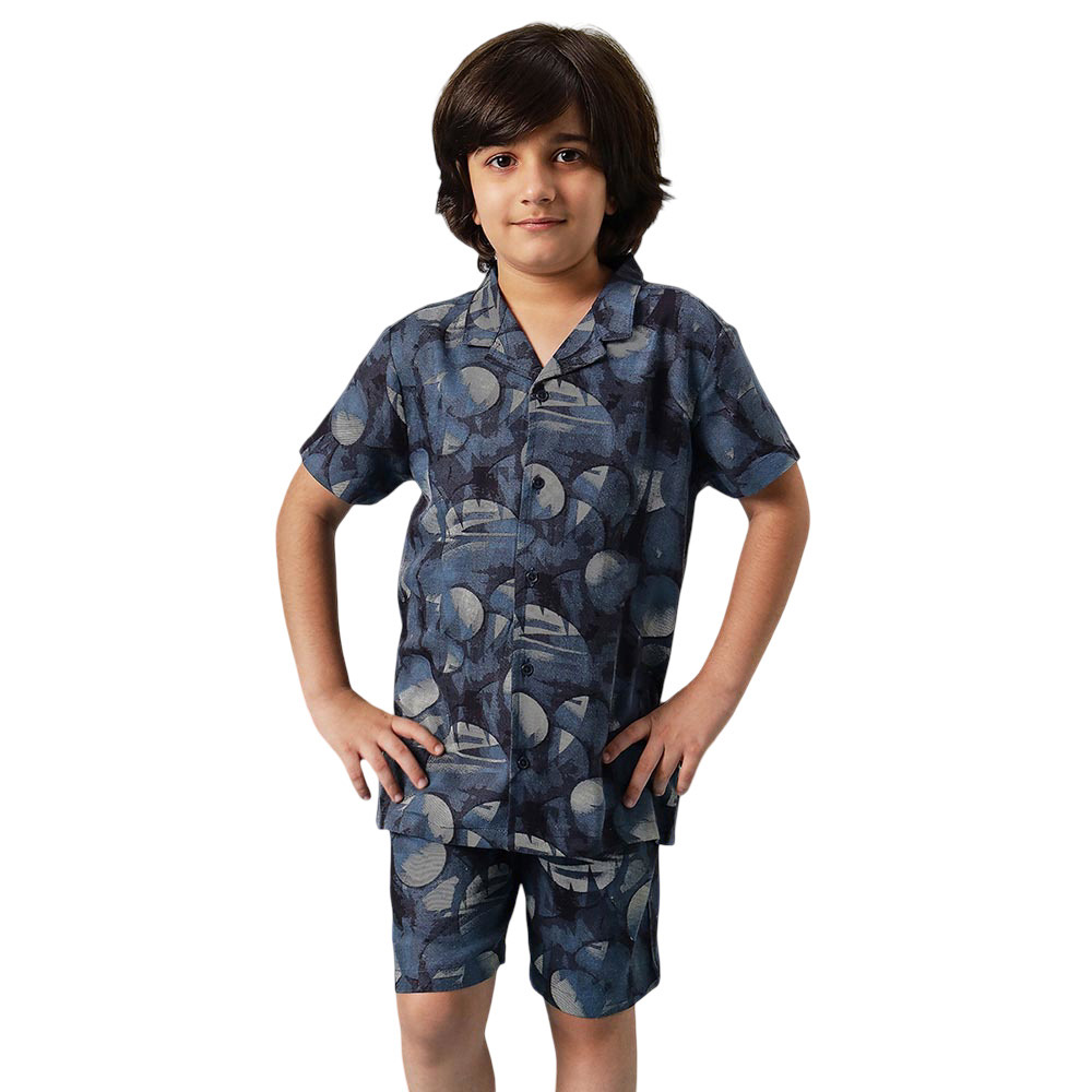 StyloBug - 2pc-Set - Boy's Printed Collar Neck Casual Shirt & Shorts - Blue