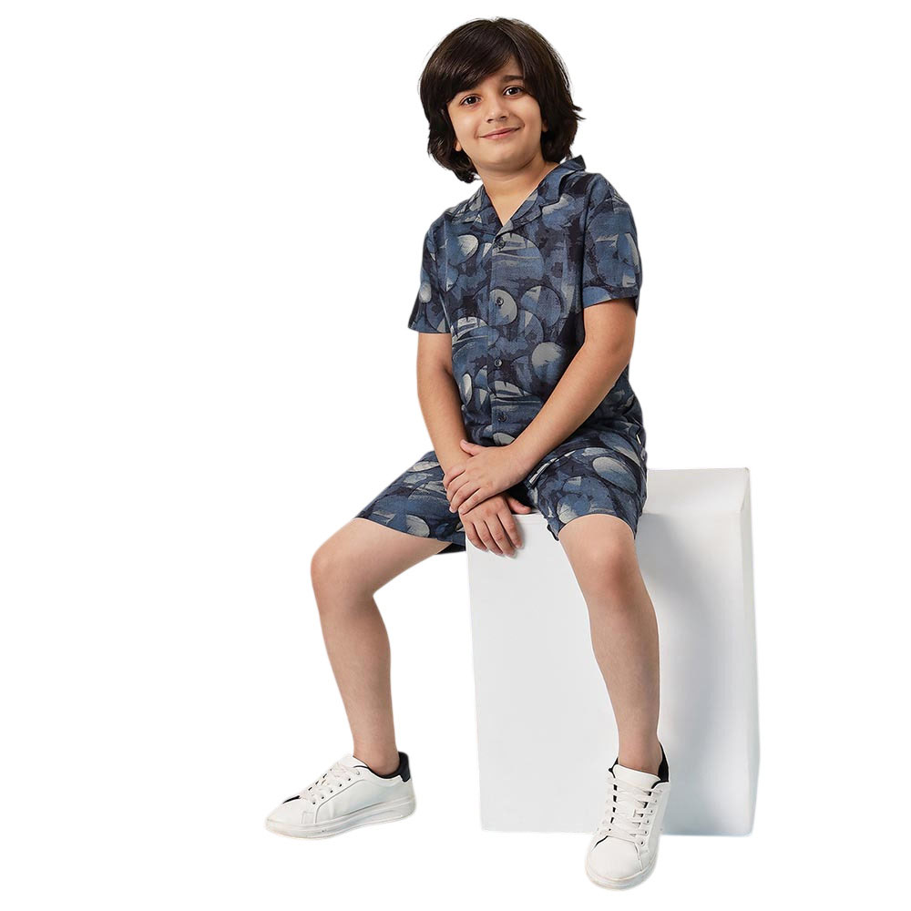StyloBug - 2pc-Set - Boy's Printed Collar Neck Casual Shirt & Shorts - Blue