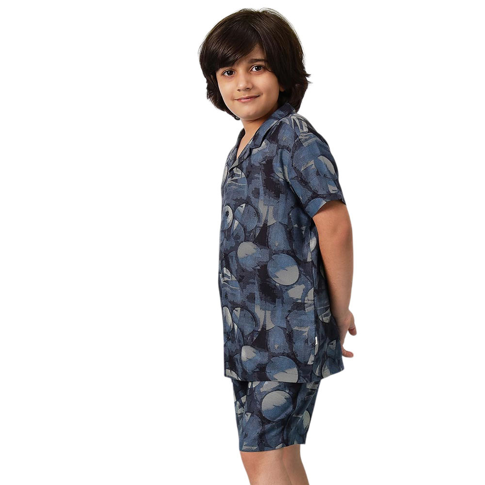 StyloBug - 2pc-Set - Boy's Printed Collar Neck Casual Shirt & Shorts - Blue