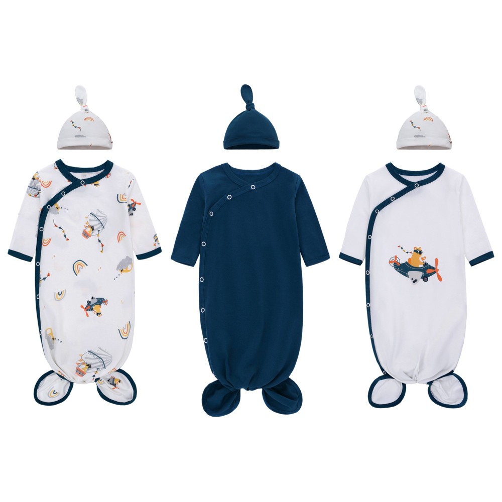 Lat - 3pc-Set - Baby Boy's Fashionable Knotted Sleepsuit With Hat - Blue