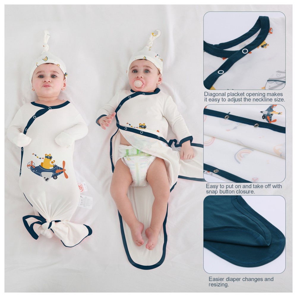 Lat - 3pc-Set - Baby Boy's Fashionable Knotted Sleepsuit With Hat - Blue